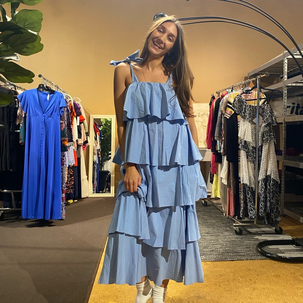 SOFIA Made in Italy Cotton Tiered Beyoncé Dress Light Blue Small